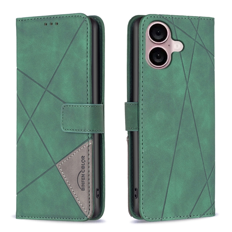 

For iPhone 16 Magnetic Buckle Rhombus Texture Leather Phone Case(Green)