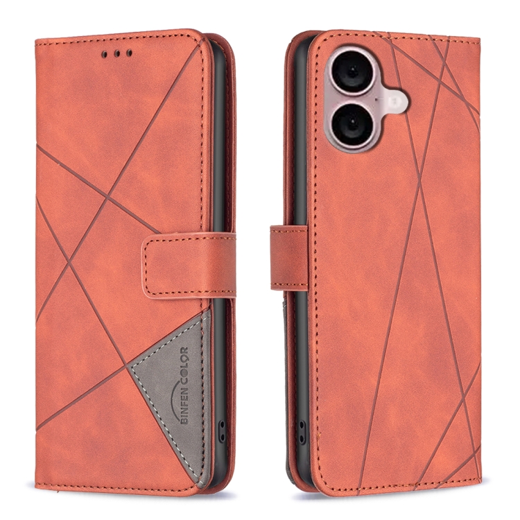 

For iPhone 16 Magnetic Buckle Rhombus Texture Leather Phone Case(Brown)