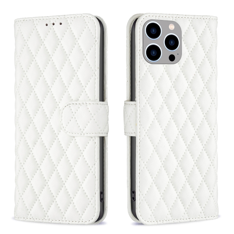 

For iPhone 15 Pro Max Diamond Lattice Wallet Flip Leather Phone Case(White)