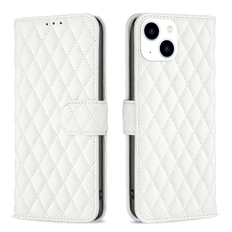 

For iPhone 15 Diamond Lattice Wallet Flip Leather Phone Case(White)