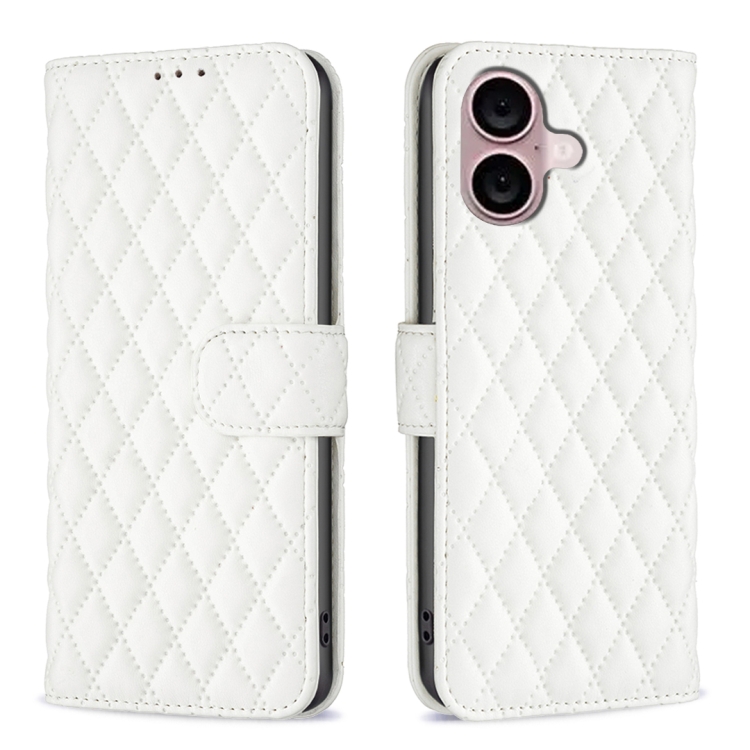 

For iPhone 16 Diamond Lattice Wallet Flip Leather Phone Case(White)
