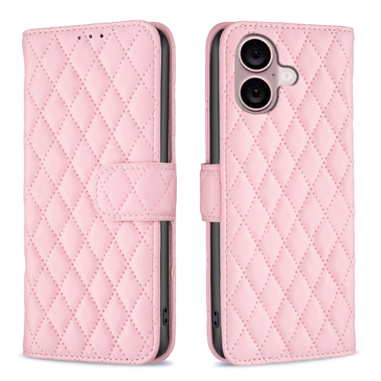 

For iPhone 16 Diamond Lattice Wallet Flip Leather Phone Case(Pink)