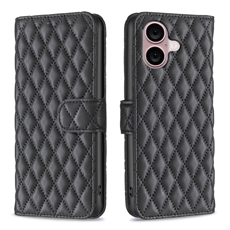 

For iPhone 16 Diamond Lattice Wallet Flip Leather Phone Case(Black)