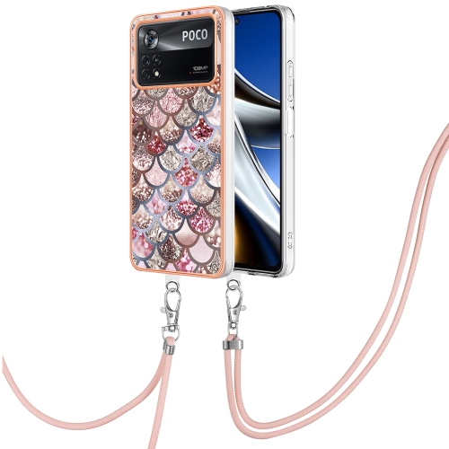 

For Xiaomi Poco X4 Pro 5G Electroplating IMD TPU Phone Case with Lanyard(Pink Scales)