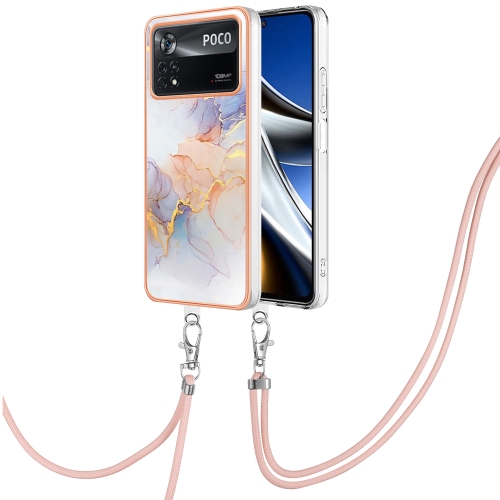 

For Xiaomi Poco X4 Pro 5G Electroplating IMD TPU Phone Case with Lanyard(White Marble)