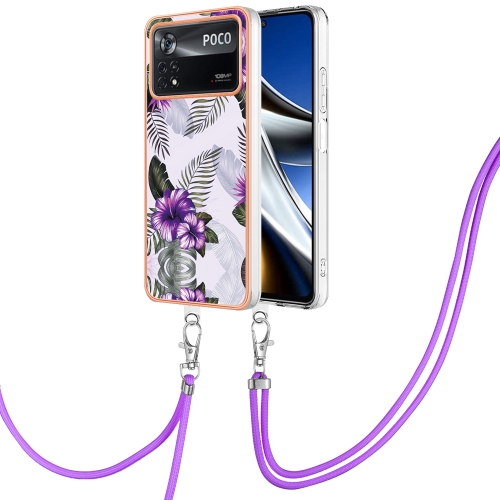 

For Xiaomi Poco X4 Pro 5G Electroplating IMD TPU Phone Case with Lanyard(Purple Flower)