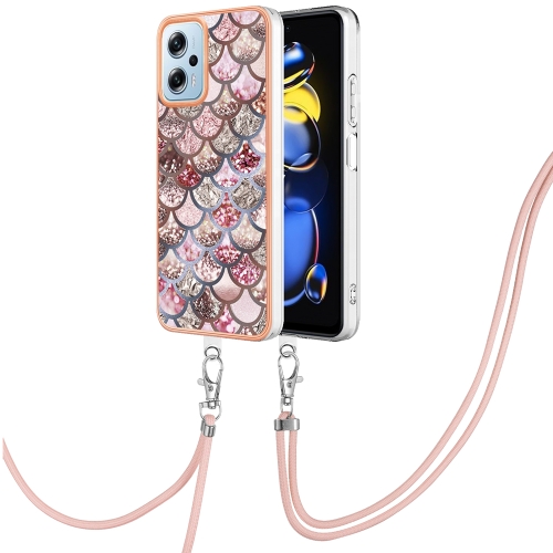 

For Xiaomi Redmi Note 11T Pro/Note 11T Pro+ Electroplating IMD TPU Phone Case with Lanyard(Pink Scales)
