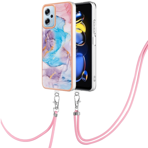 

For Xiaomi Redmi Note 11T Pro/Note 11T Pro+ Electroplating IMD TPU Phone Case with Lanyard(Blue Marble)