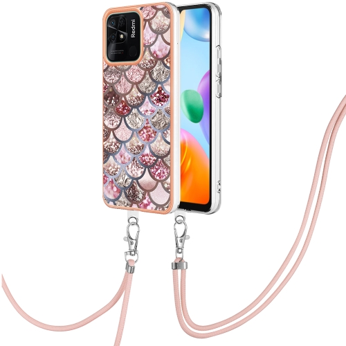 

For Xiaomi Redmi 10C Electroplating IMD TPU Phone Case with Lanyard(Pink Scales)