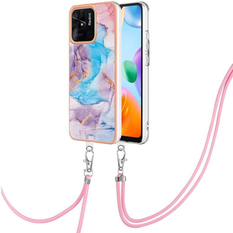 

For Xiaomi Redmi 10C Electroplating IMD TPU Phone Case with Lanyard(Blue Marble)