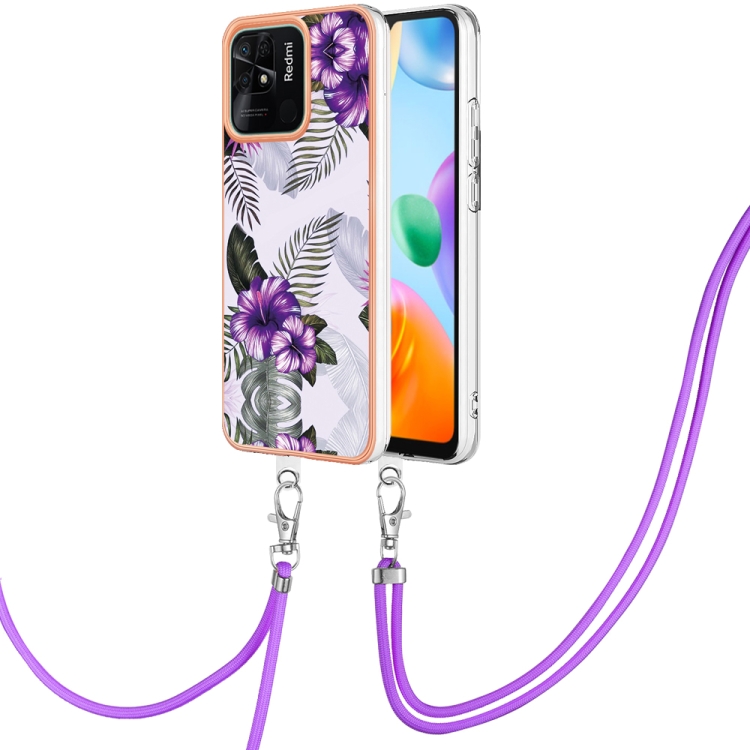 

For Xiaomi Redmi 10C Electroplating IMD TPU Phone Case with Lanyard(Purple Flower)