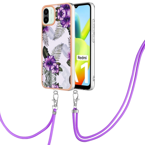 

For Xiaomi Redmi A1 Electroplating IMD TPU Phone Case with Lanyard(Purple Flower)