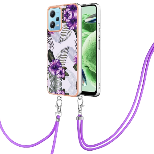 

For Xiaomi Redmi Note 12 5G Global Electroplating IMD TPU Phone Case with Lanyard(Purple Flower)