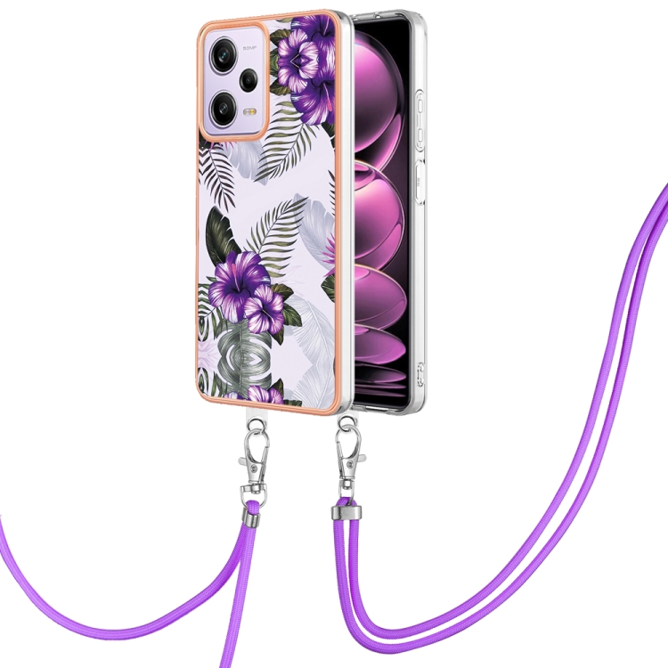

For Xiaomi Redmi Note 12 Pro 5G Global Electroplating IMD TPU Phone Case with Lanyard(Purple Flower)