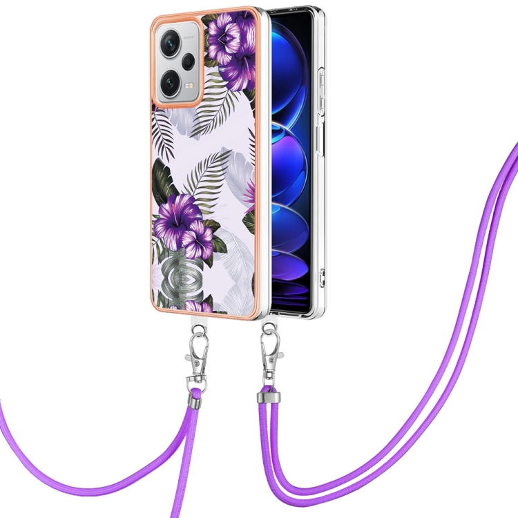 

For Xiaomi Redmi Note 12 Pro+ Global Electroplating IMD TPU Phone Case with Lanyard(Purple Flower)