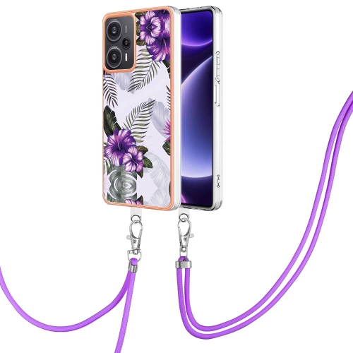 

For Xiaomi Poco F5 5G / Redmi Note 12 Turbo Electroplating IMD TPU Phone Case with Lanyard(Purple Flower)