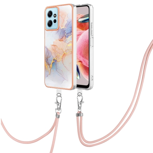 

For Xiaomi Redmi Note 12 4G Global Electroplating IMD TPU Phone Case with Lanyard(White Marble)