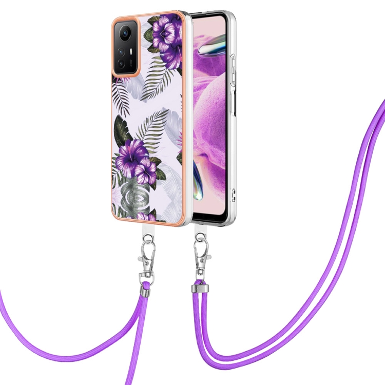 

For Xiaomi Redmi Note 12S 4G Electroplating IMD TPU Phone Case with Lanyard(Purple Flower)