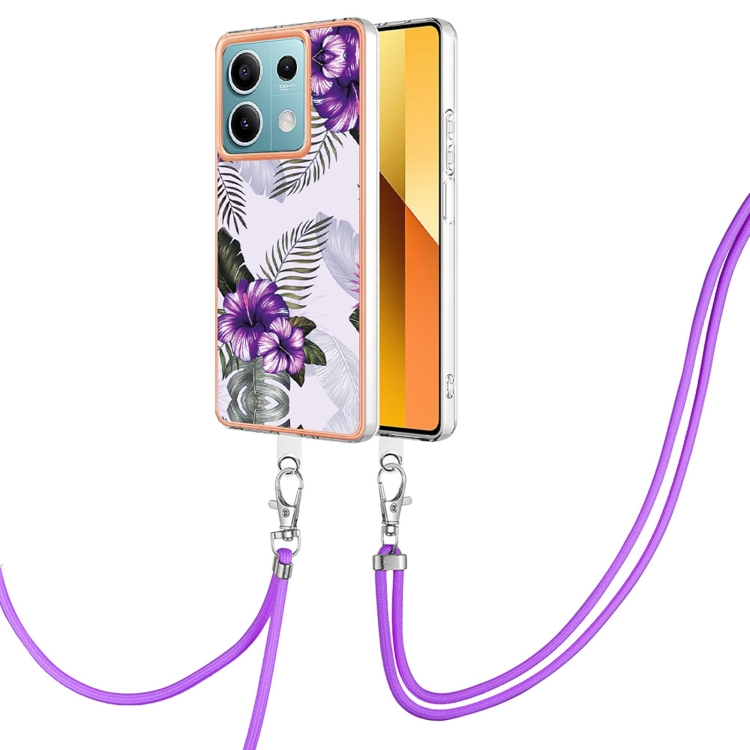 

For Xiaomi Redmi Note 13 5G Global Electroplating IMD TPU Phone Case with Lanyard(Purple Flower)