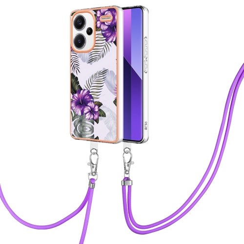 

For Xiaomi Redmi Note 13 Pro+ 5G Electroplating IMD TPU Phone Case with Lanyard(Purple Flower)