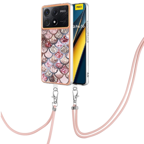 

For Xiaomi Poco X6 Pro Electroplating IMD TPU Phone Case with Lanyard(Pink Scales)