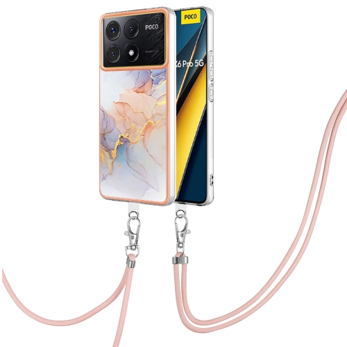

For Xiaomi Poco X6 Pro Electroplating IMD TPU Phone Case with Lanyard(White Marble)