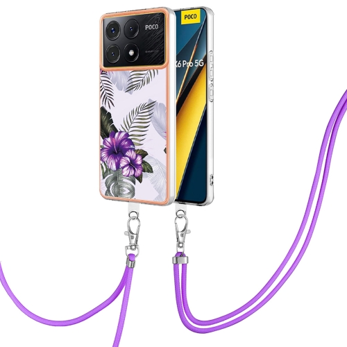 

For Xiaomi Poco X6 Pro Electroplating IMD TPU Phone Case with Lanyard(Purple Flower)