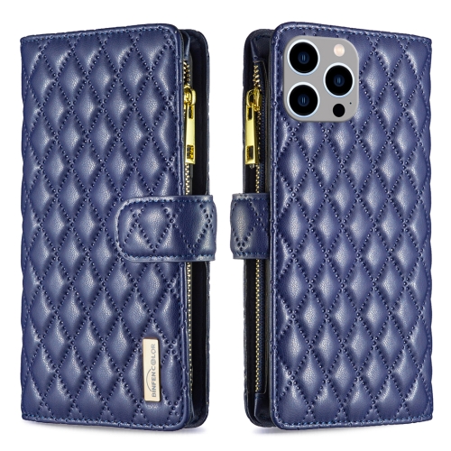 

For iPhone 15 Pro Max Diamond Lattice Zipper Wallet Leather Flip Phone Case(Blue)