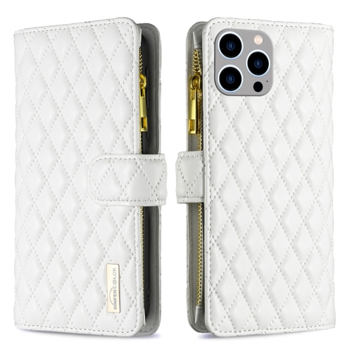 

For iPhone 15 Pro Max Diamond Lattice Zipper Wallet Leather Flip Phone Case(White)