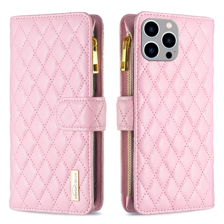 

For iPhone 15 Pro Max Diamond Lattice Zipper Wallet Leather Flip Phone Case(Pink)