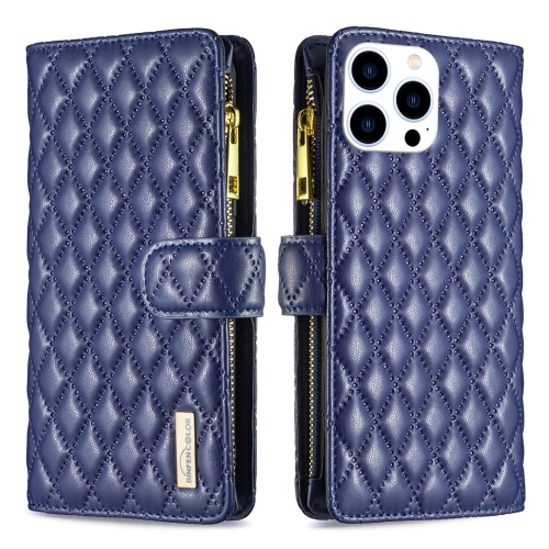 

For iPhone 15 Pro Diamond Lattice Zipper Wallet Leather Flip Phone Case(Blue)