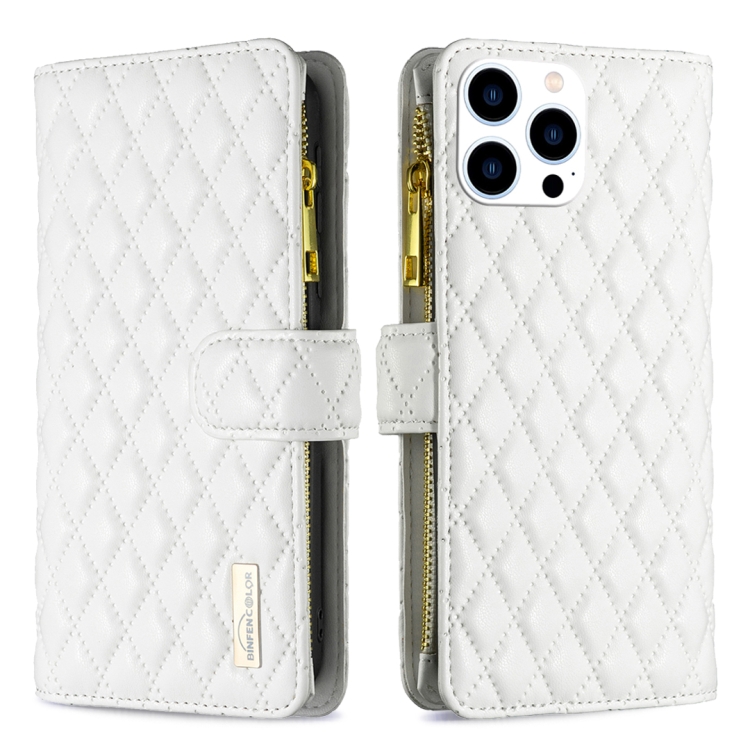 

For iPhone 15 Pro Diamond Lattice Zipper Wallet Leather Flip Phone Case(White)
