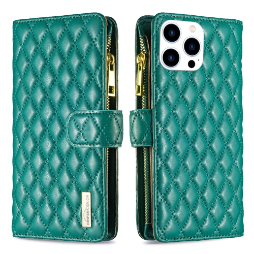 

For iPhone 15 Pro Diamond Lattice Zipper Wallet Leather Flip Phone Case(Green)