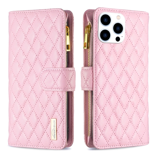 

For iPhone 15 Pro Diamond Lattice Zipper Wallet Leather Flip Phone Case(Pink)