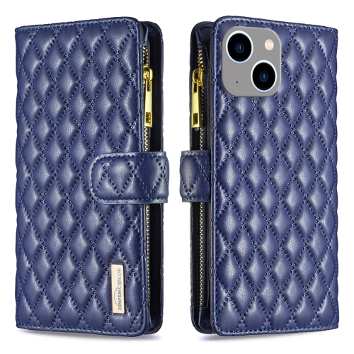 

For iPhone 15 Plus Diamond Lattice Zipper Wallet Leather Flip Phone Case(Blue)