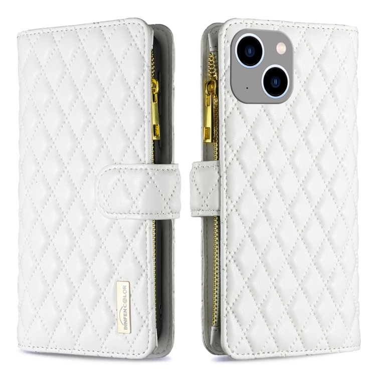 

For iPhone 15 Plus Diamond Lattice Zipper Wallet Leather Flip Phone Case(White)