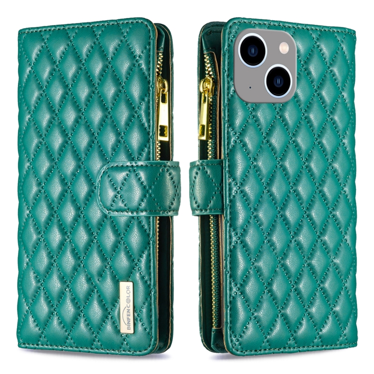 

For iPhone 15 Plus Diamond Lattice Zipper Wallet Leather Flip Phone Case(Green)
