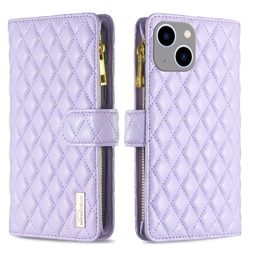 

For iPhone 15 Plus Diamond Lattice Zipper Wallet Leather Flip Phone Case(Purple)