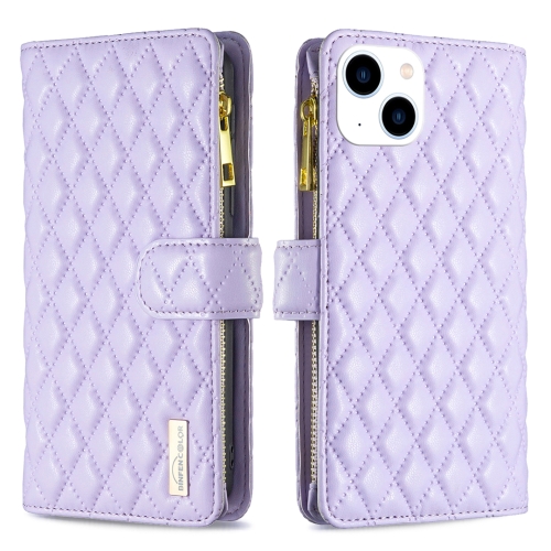 

For iPhone 15 Diamond Lattice Zipper Wallet Leather Flip Phone Case(Purple)