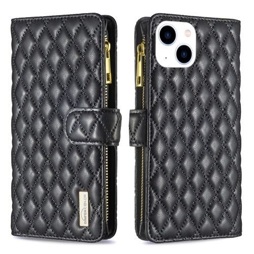

For iPhone 15 Diamond Lattice Zipper Wallet Leather Flip Phone Case(Black)