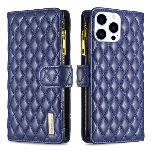 

For iPhone 16 Pro Max Diamond Lattice Zipper Wallet Leather Flip Phone Case(Blue)