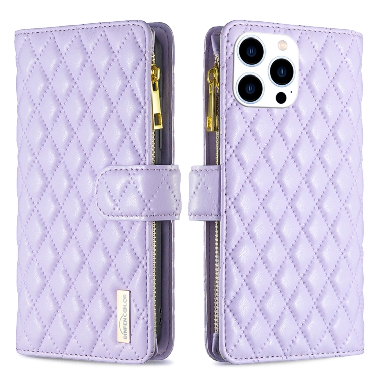 

For iPhone 16 Pro Diamond Lattice Zipper Wallet Leather Flip Phone Case(Purple)