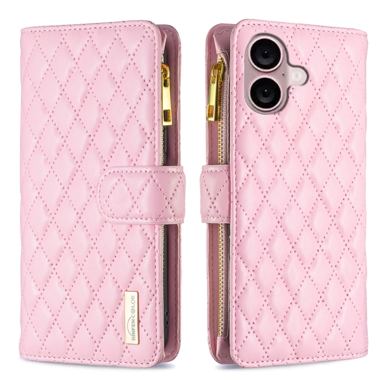 

For iPhone 16 Diamond Lattice Zipper Wallet Leather Flip Phone Case(Pink)
