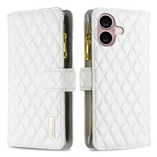 

For iPhone 16 Plus Diamond Lattice Zipper Wallet Leather Flip Phone Case(White)