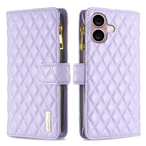 

For iPhone 16 Plus Diamond Lattice Zipper Wallet Leather Flip Phone Case(Purple)