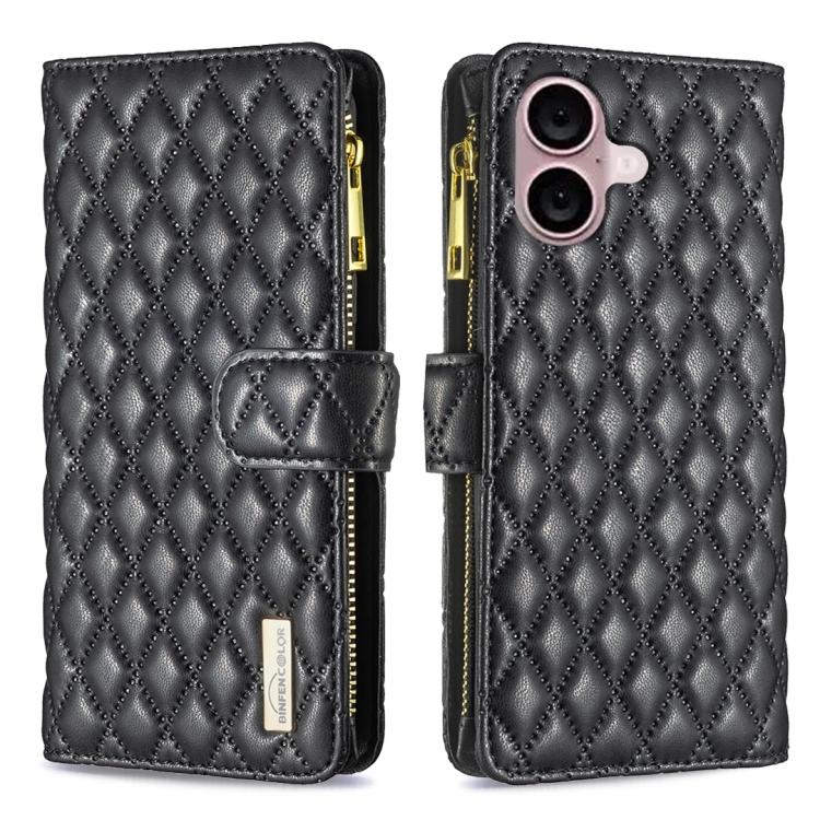 

For iPhone 16 Plus Diamond Lattice Zipper Wallet Leather Flip Phone Case(Black)