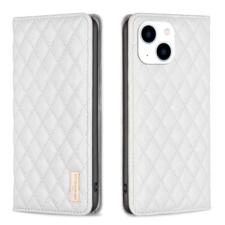 

For iPhone 15 Diamond Lattice Magnetic Leather Flip Phone Case(White)