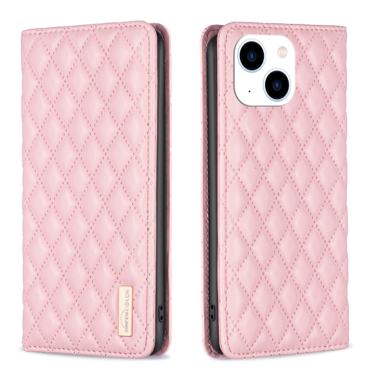 

For iPhone 15 Diamond Lattice Magnetic Leather Flip Phone Case(Pink)