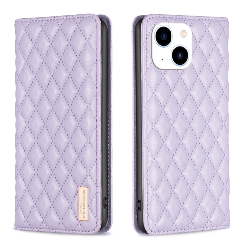 

For iPhone 15 Diamond Lattice Magnetic Leather Flip Phone Case(Purple)