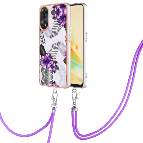 

For OPPO Reno8 T 4G Electroplating IMD TPU Phone Case with Lanyard(Purple Flower)